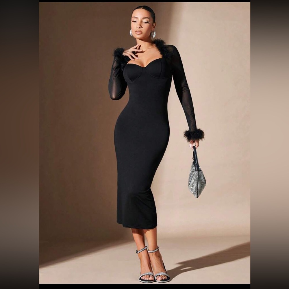 Black fuzzy trim dress